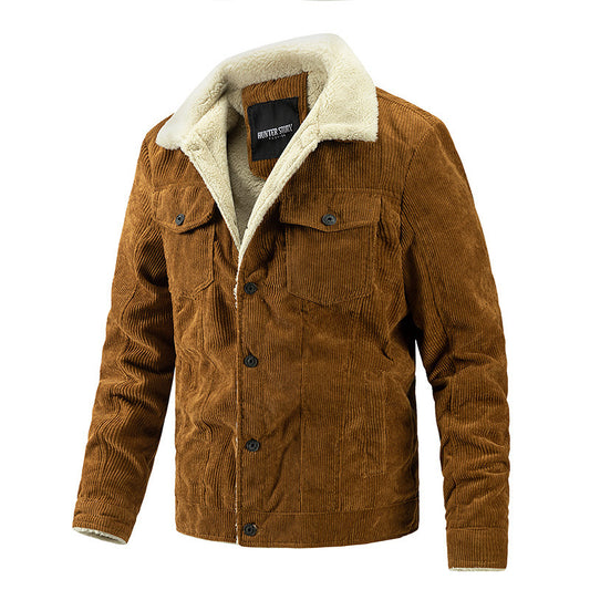 Winter New Men's Corduroy Plush Thick Jacket Vintage Outdoor Casual Fleece Warm Coat Lapel Fashion Trend Retro Brown Beige Black