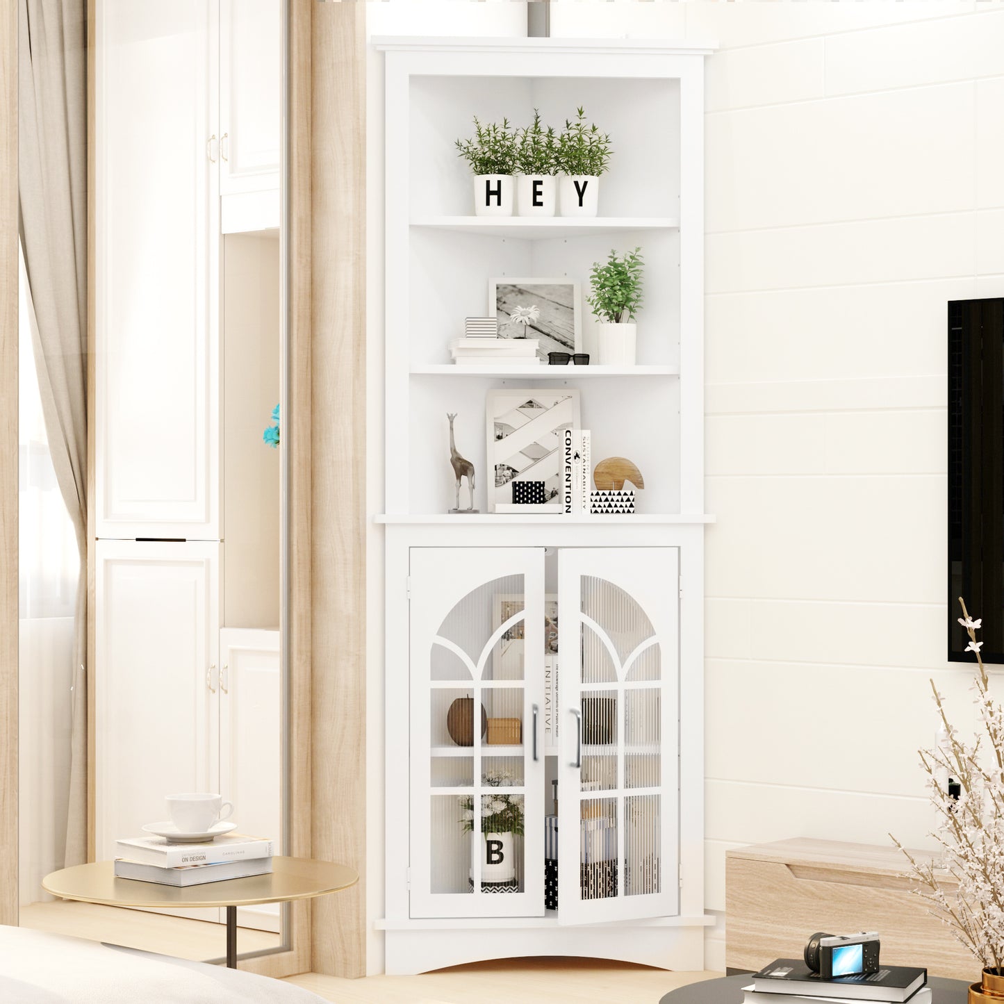 Corner Storage Cabinet, 63.3" Tall Freestanding Bookcase with Doors & Adjustable Shelves, 5-Tier Corner Display Cabinet for Living Room, Office, Dining Room, White
