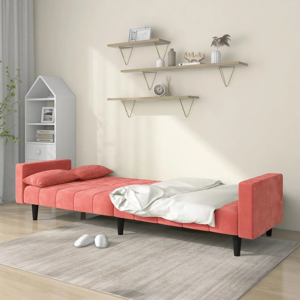 2-Seater Sofa Bed with Two Pillows Pink Velvet