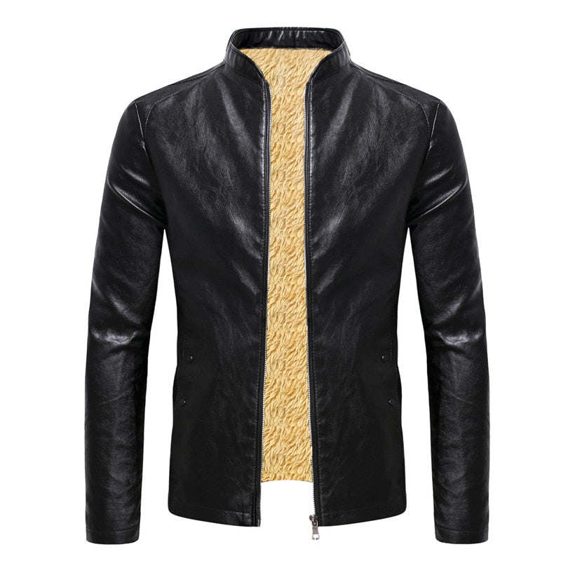 Winter Fleece Leather Jacket Men PU Faux Warm Suede Fashion Stand Collar Casual Solid Motorcycle Leather Jackets Coat Men