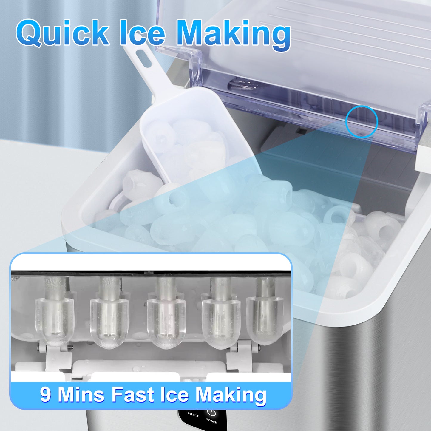 Countertop Ice Maker Machine, 26.5 lbs in 24Hrs, Electric ice Maker and Compact ice Machine with Ice Scoop and Basket, 2 Sizes of Bullet Ice for Home/Kitchen/Office