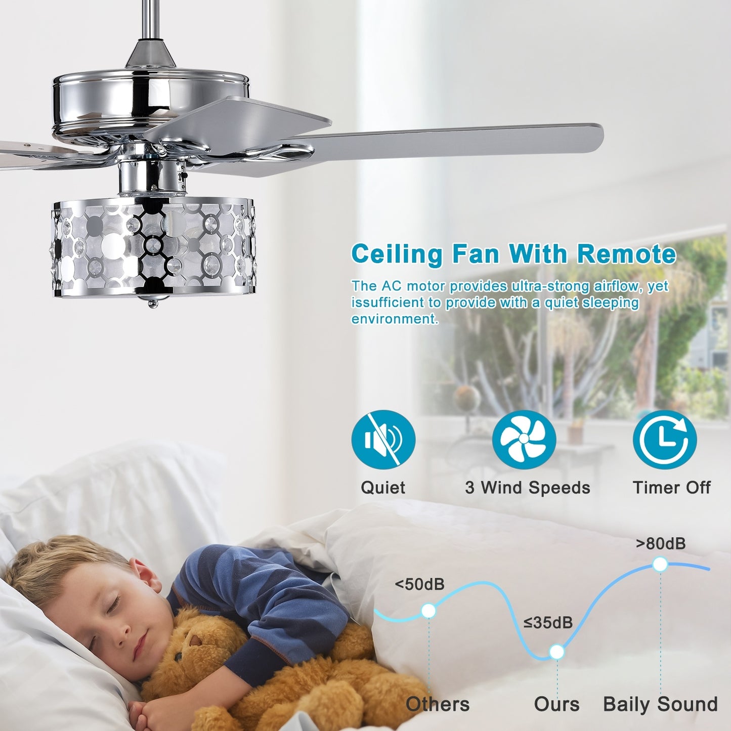 52" Elegant Ceiling Fan Light with Remote, Crystal Chandelier Fan 5 Chrome Reversible Wood Blades for Dinning Room Bedroom Living Room