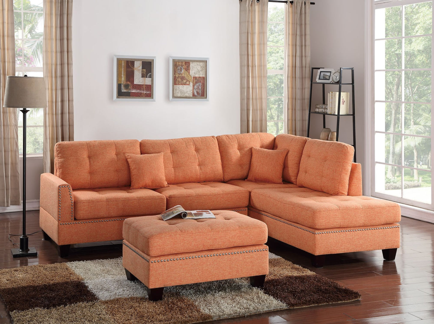 Modern Citrus Color 3pcs Sectional Living Room Furniture Reversible Chaise Sofa And Ottoman Tufted Polyfiber Linen Like Fabric Cushion Couch Pillows