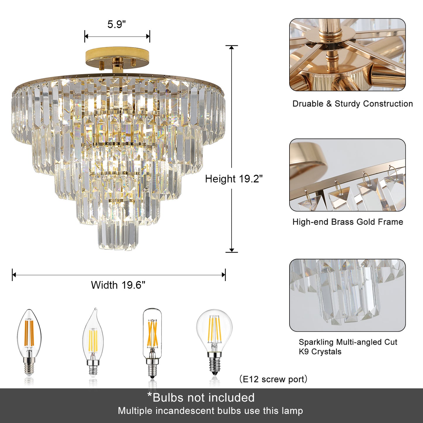 Gold Crystal Chandeliers,5-Tier Round Semi Flush Mount Chandelier Light Fixture,Large Contemporary Luxury Ceiling Lighting for Living Room Dining Room Bedroom Hallway