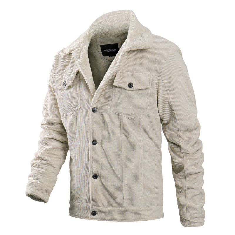 Winter New Men's Corduroy Plush Thick Jacket Vintage Outdoor Casual Fleece Warm Coat Lapel Fashion Trend Retro Brown Beige Black