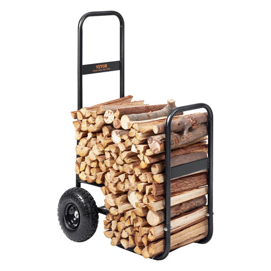 VEVOR Firewood Log Cart, 250 lbs Load Capacity, Outdoor and Indoor Wood Rack Storage Mover with Pneumatic Rubber Wheels, Heavy Duty Steel Dolly Hauler, Firewood Carrier for Fireplace, Fire Pit, Black