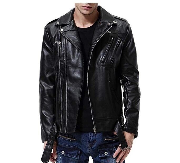 Men's Faux Leather Jacket Black Slim Fit Belted Punk Motorcycle Coat