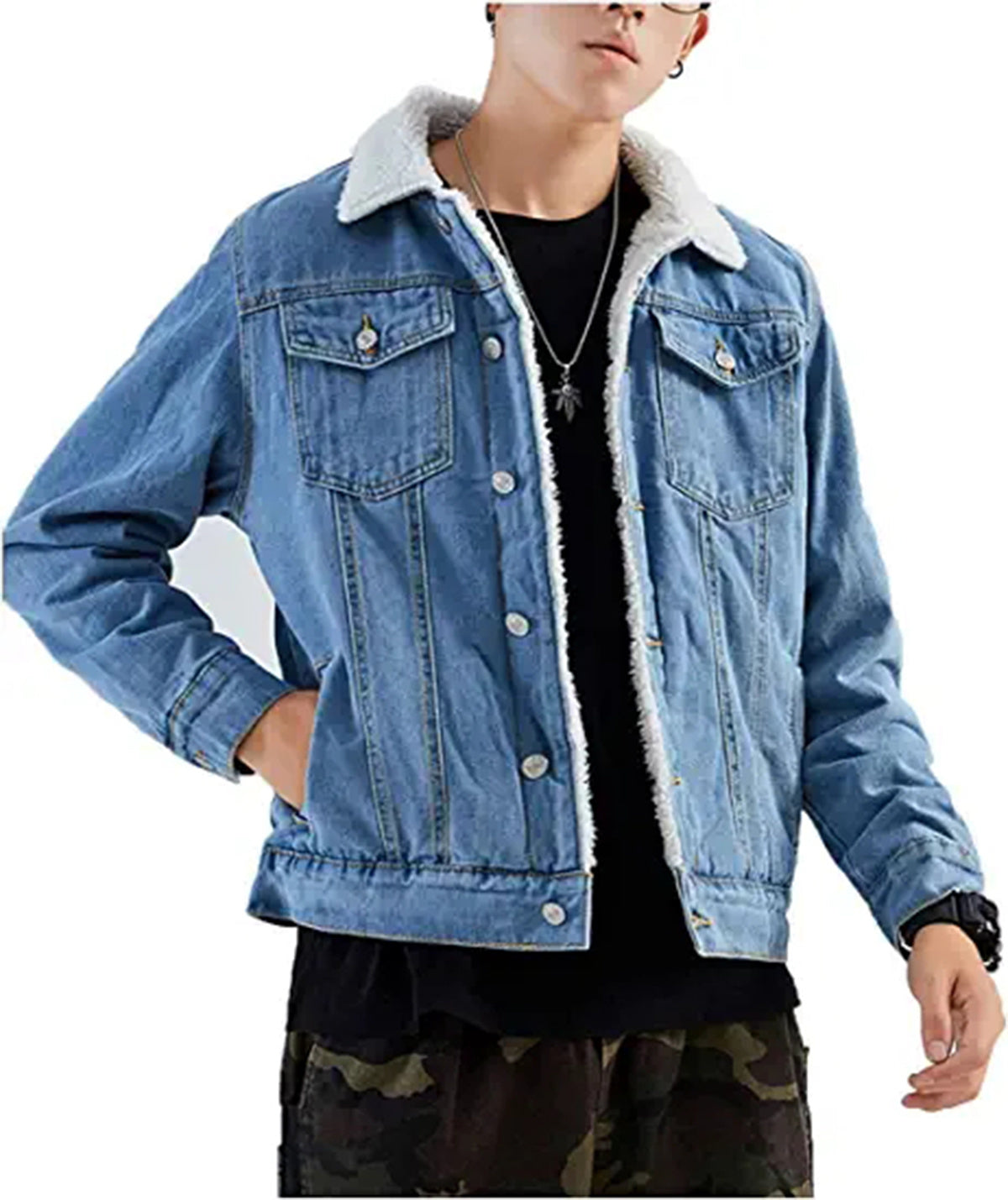 Men's Lapel Sherpa Fleece Lined Thicken Denim Jean Trucker Jacket Coats