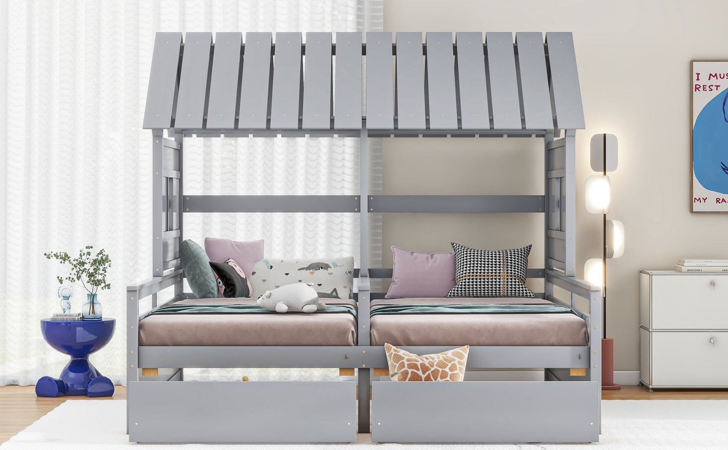 Twin Size House Platform Beds with Two Drawers for Boy and Girl Shared Beds, Combination of 2 Side by Side Twin Size Beds, Gray