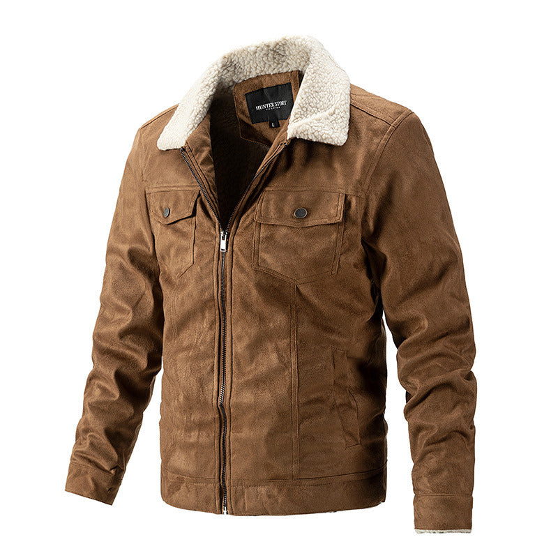 Autumn Winter New Men's Chamois Suede Fleece Thick Jacket Vintage Outdoor Casual Plush Warm Coat Lapel Fashion Trend Retro Brown