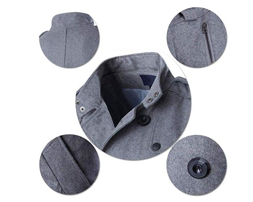 Men's Mid Long Wool Woolen Pea Coat Double Breasted Stand Collar Overcoat Winter Trench Coat