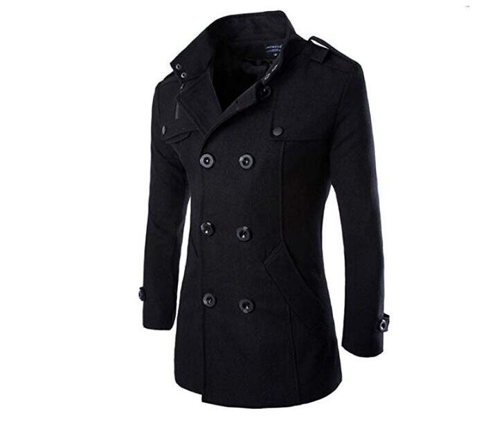 Men's Mid Long Wool Woolen Pea Coat Double Breasted Stand Collar Overcoat Winter Trench Coat