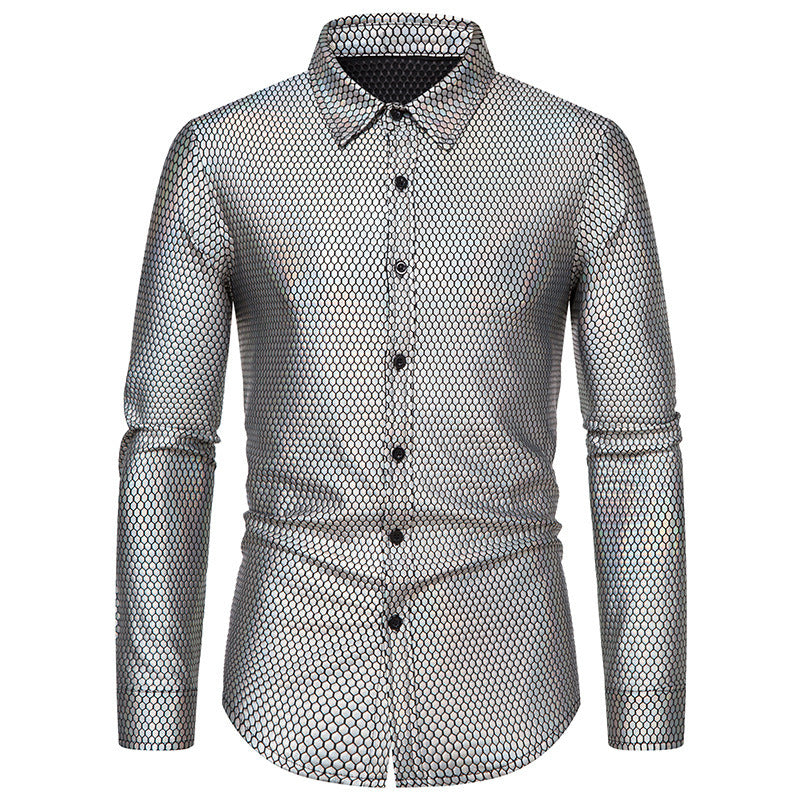 Men's Luxury Shiny Design Slim Fit Long Sleeve Button up Dress Shirts