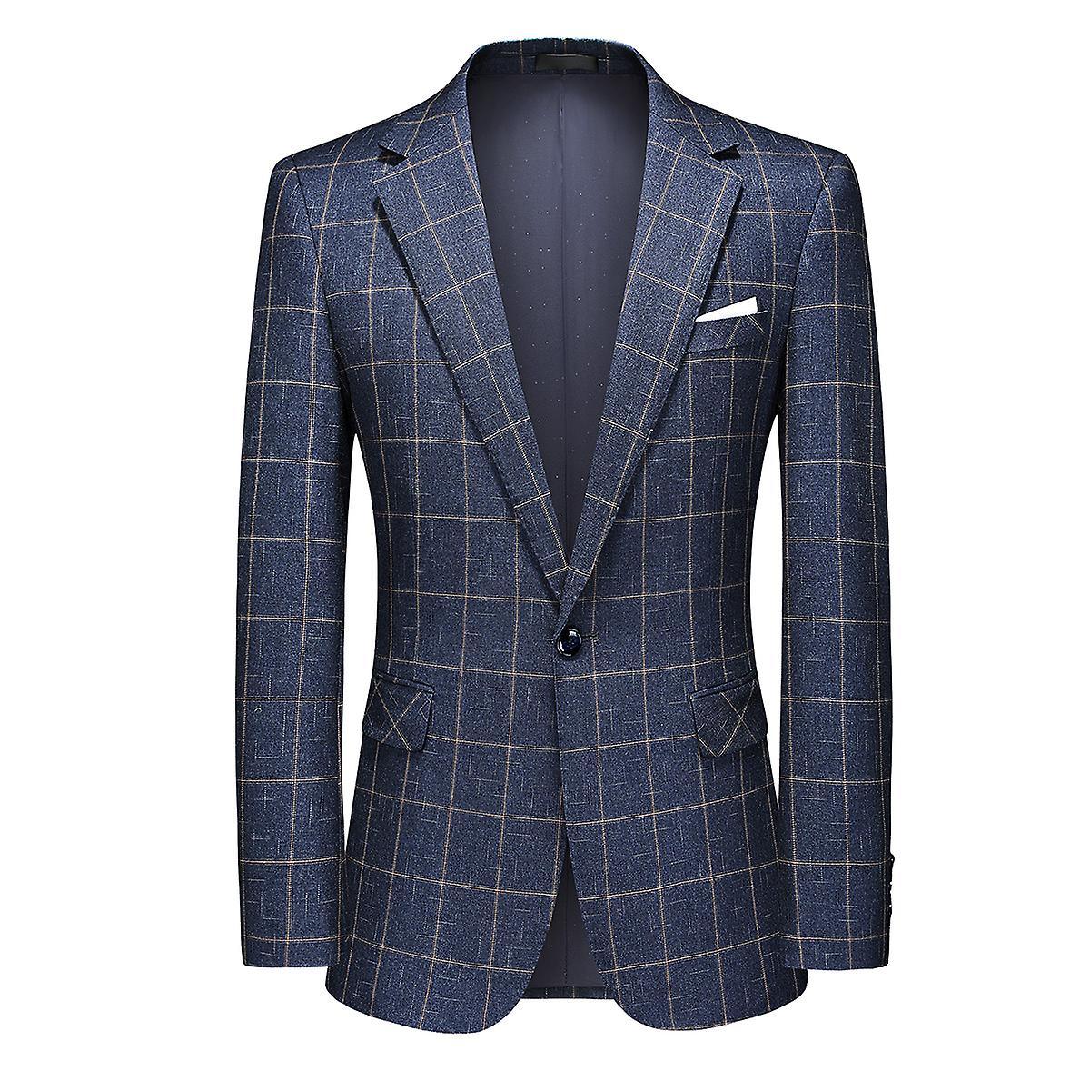Men's Business Casual Mature Style One-button Plaid Striped Back Double-split Blazer
