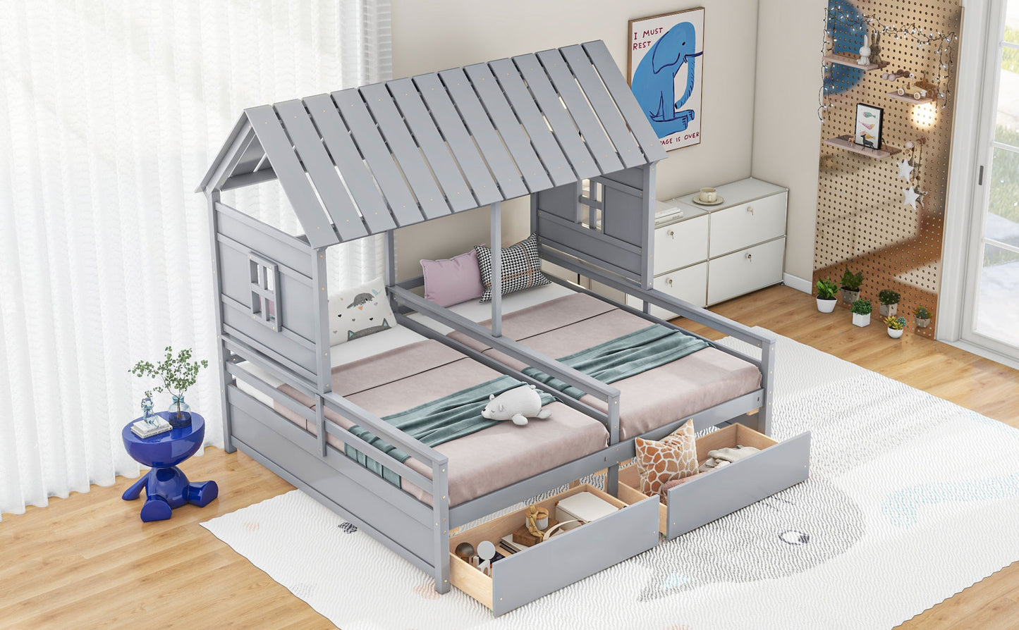 Twin Size House Platform Beds with Two Drawers for Boy and Girl Shared Beds, Combination of 2 Side by Side Twin Size Beds, Gray