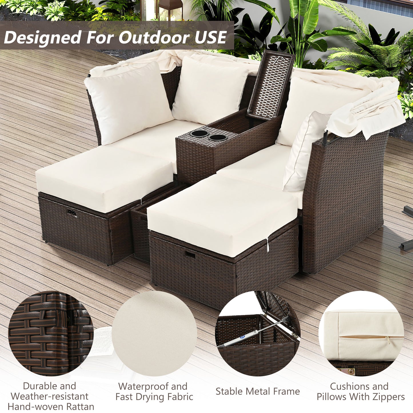 2-Seater Outdoor Patio Daybed Outdoor Double Daybed Outdoor Loveseat Sofa Set with Foldable Awning and Cushions for Garden, Balcony, Poolside