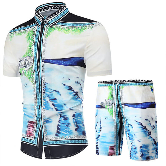 Men's Fashion Printed Two-Piece Suits Short Sleeve Printed Shirt Shorts Tracksuits Beach Style Sets