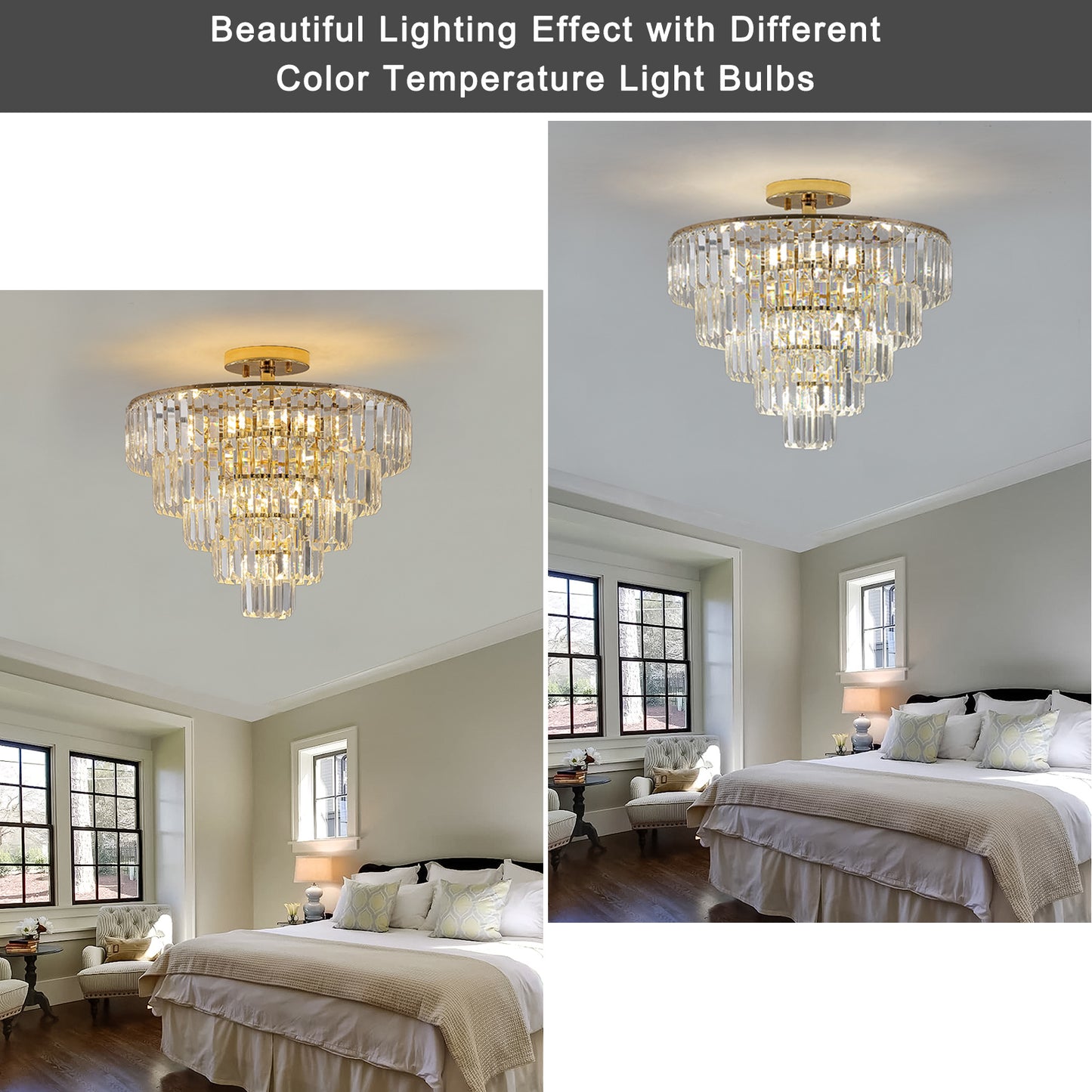 Gold Crystal Chandeliers,5-Tier Round Semi Flush Mount Chandelier Light Fixture,Large Contemporary Luxury Ceiling Lighting for Living Room Dining Room Bedroom Hallway