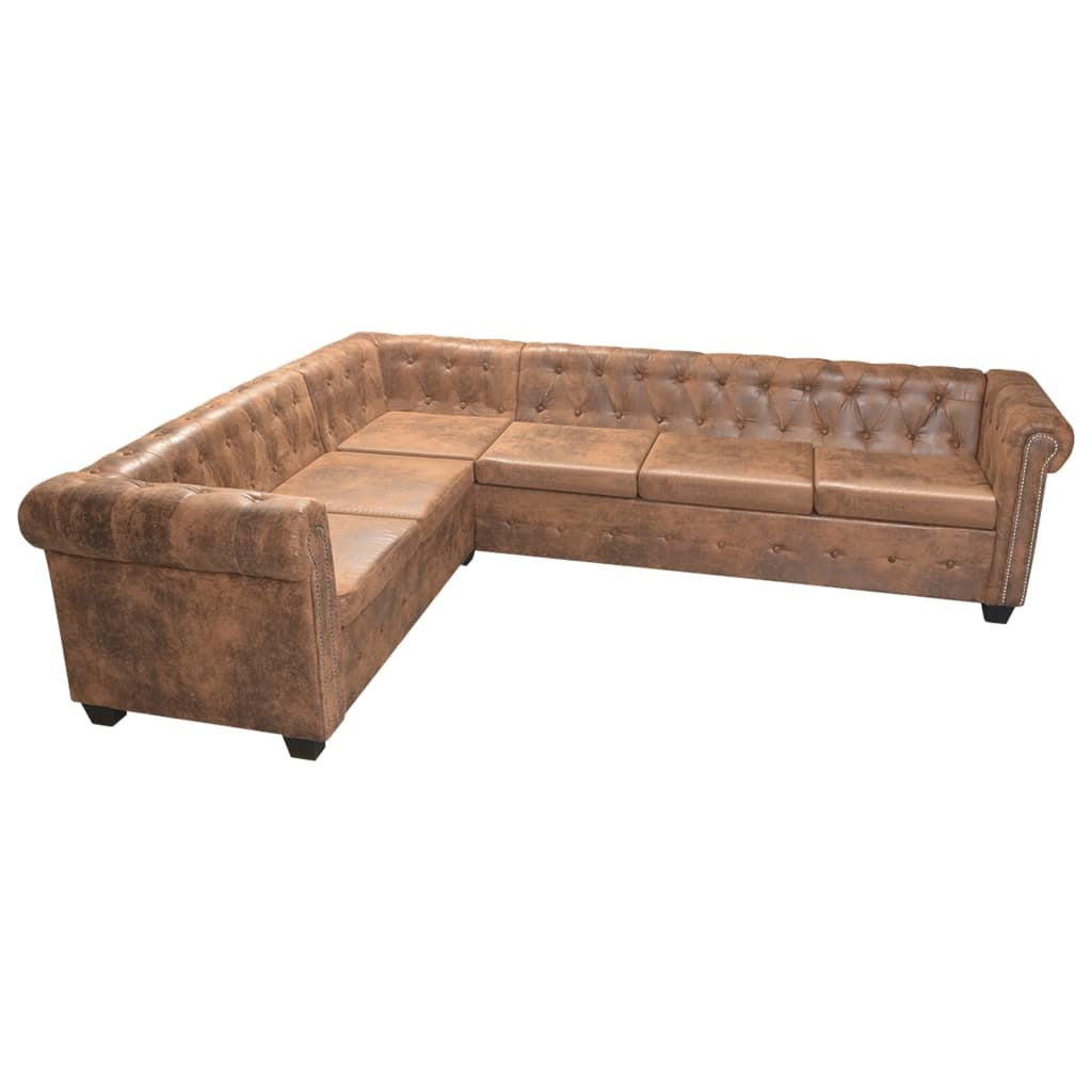 Chesterfield Corner Sofa 6-Seater Brown Faux Leather
