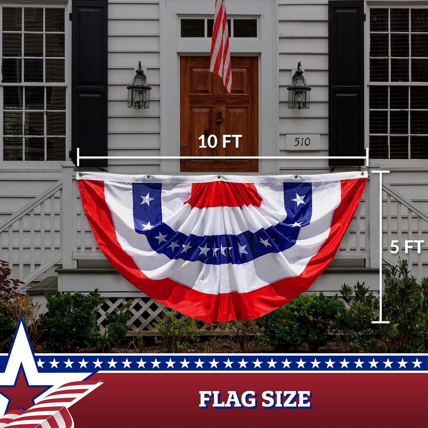 USA Pleated Fan Flag 5x10 Feet American USA Bunting Decoration Flags Embroidered Patriotic Stars & Sewn Stripes Canvas Header Brass Grommets