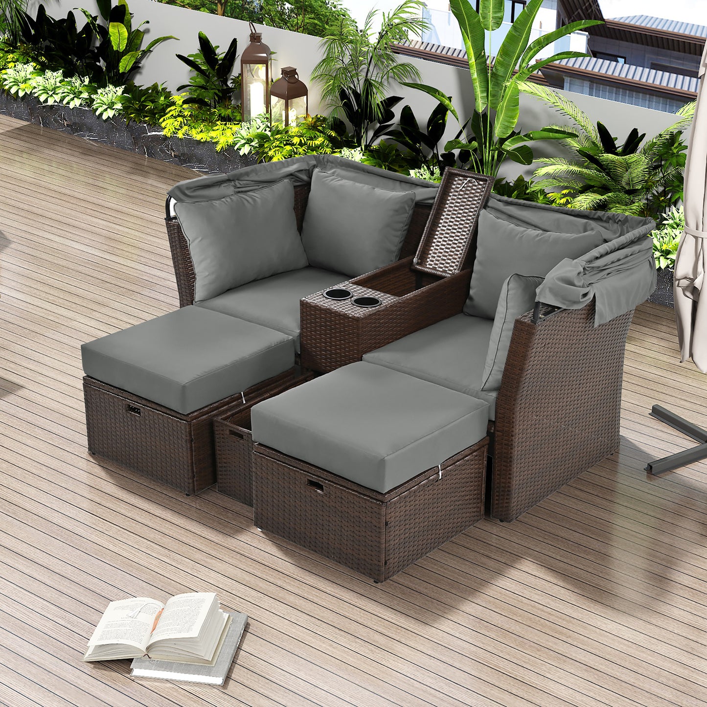 2-Seater Outdoor Patio Daybed Outdoor Double Daybed Outdoor Loveseat Sofa Set with Foldable Awning and Cushions for Garden, Balcony, Poolside