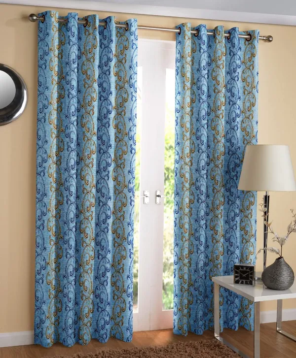 Blue Polyester Printed Curtains set