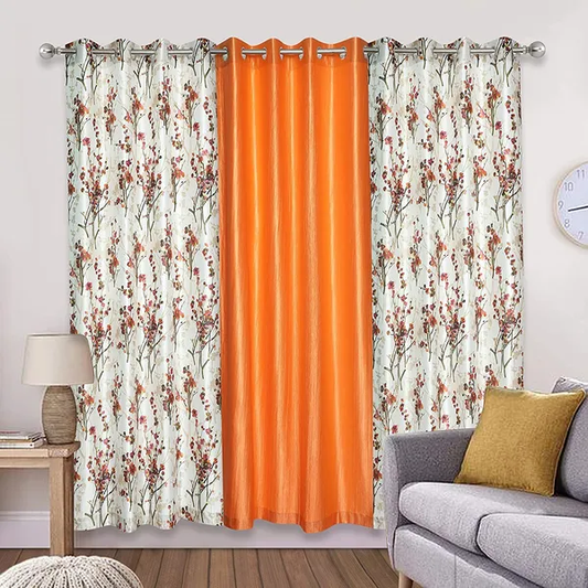 Orange and Cream 3-Piece Polyester Blend Grommet Long Door Curtains
