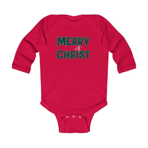 Infant Long Sleeve Graphic T-shirt, Merry With Christ, Green Plaid
