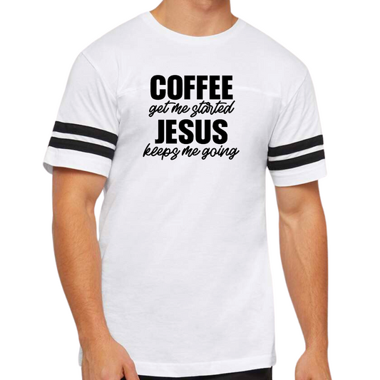 Mens Vintage Sport Graphic T-shirt Coffee Get Me Started, Jesus Keeps