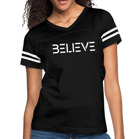 Womens Vintage Sport Graphic T-shirt, Believe White Print