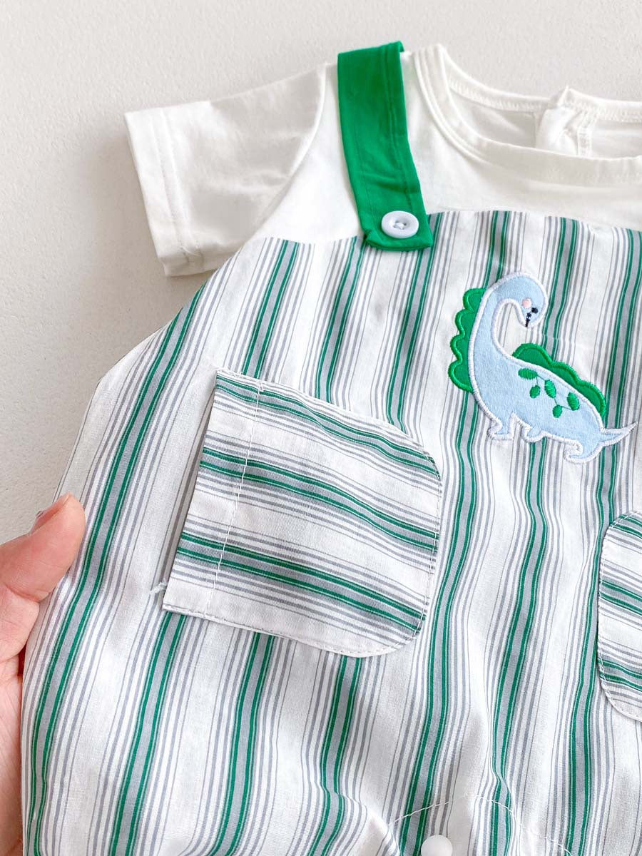 New Design Summer Baby Unisex Green Striped Sleeveless Overalls