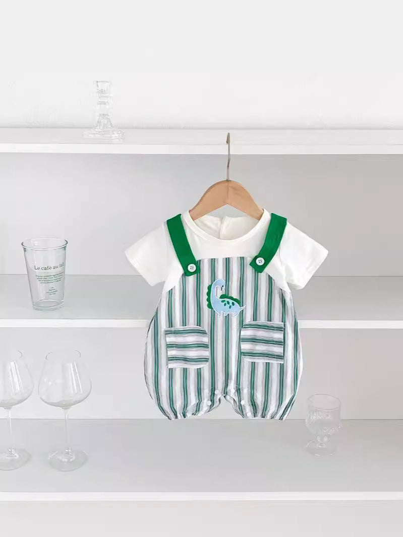 New Design Summer Baby Unisex Green Striped Sleeveless Overalls