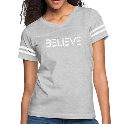 Womens Vintage Sport Graphic T-shirt, Believe White Print