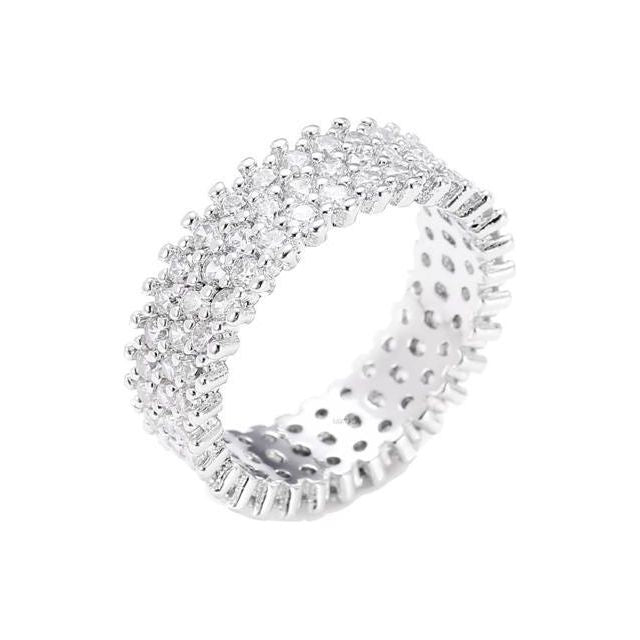 Rhodium Plated Wide 3 Row Eternity Ring Band for Women with CZ Stones by Matashi Size 7