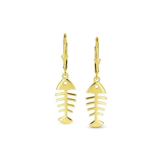 Nautical Tropical Beach Small Fishbone Leverback Dangle Earrings For Women For Teen 14K Gold Plated Sterling Silver