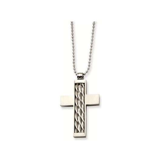 Stainless Steel and Silver Inlay Cross Necklace - 24 Inch