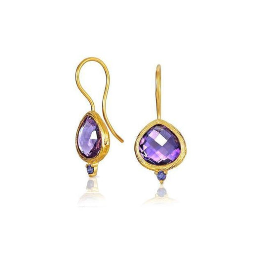Purple Brazilian Amethyst Teardrop Solitaire Cabochon Bezel Drop Threader Earrings 14K Gold Plated Sterling Silver