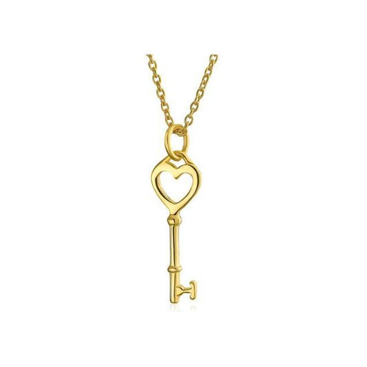Pave Cubic Zirconia CZ Open Heart Key Pendant Necklace For Women For Girlfriend 14K Gold Plated 925 Sterling Silver