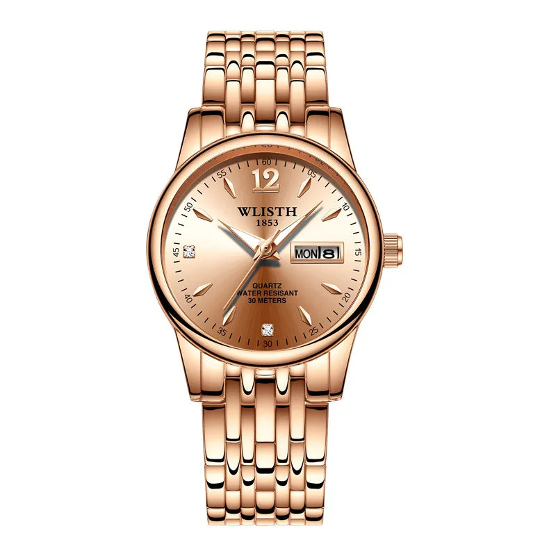 Women Dress Watch Rose Gold Stainless Steel WLISTH Brand Fashion Ladies Wristwatch Week Date Quartz Clock Female Luxury Watches