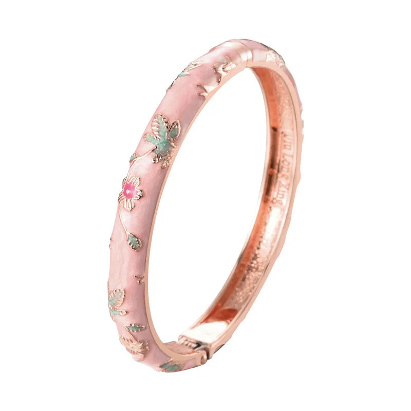 UJOY 3PCS Women's Bracelets Set Bangle On Hand Hinge Enamel Cloisonne Bangles For Women Pink Vintage Birthday Gift For Mother