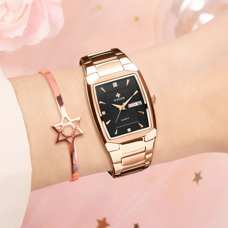 WWOOR Rose Gold Women Watches Top Brand Luxury Fashion Square Ladies Dress Waterproof Quartz Wristwatch Female Relogio Feminino