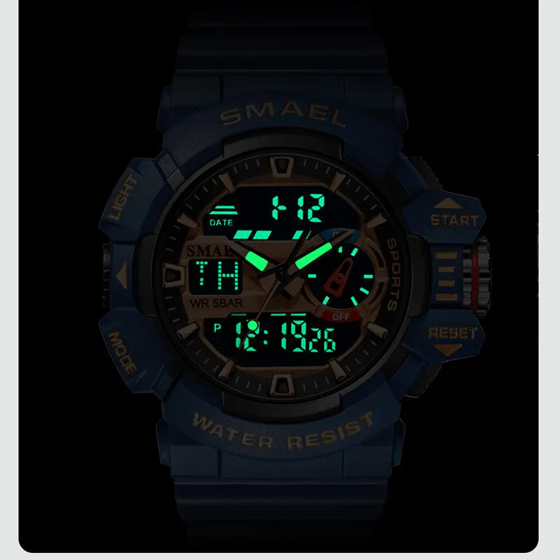 SMAEL Men Sports Watch Military Watches LED Quartz Dual Display Stopwatch Waterproof Outdoor Sport Men's Wristwatches For Male