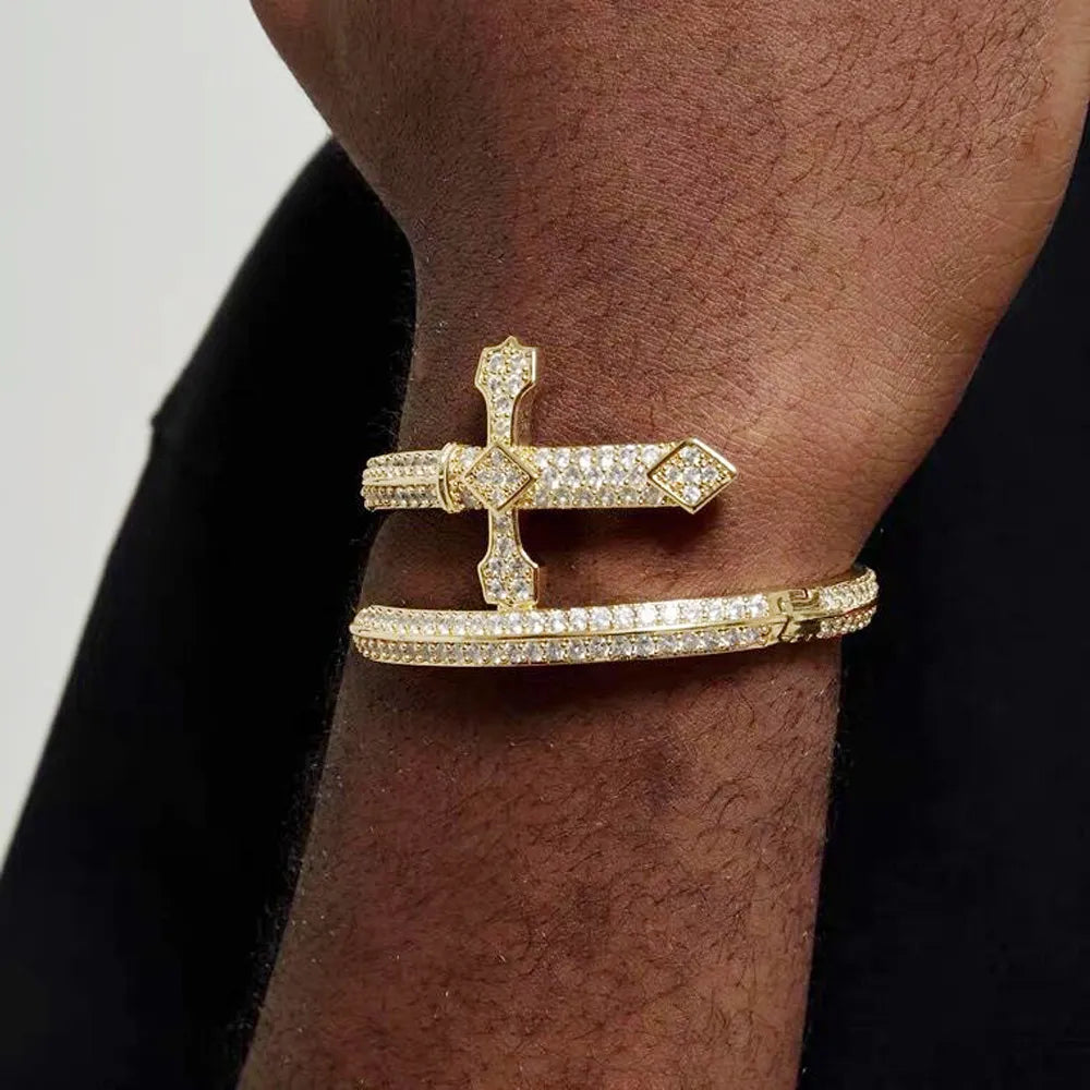 Iced Out Cross Sword Bracelet for Men Adjustable Open Size Bling Cubic Zirconia CZ Gold Sword of Justice Bangle Hiphop Jewelry