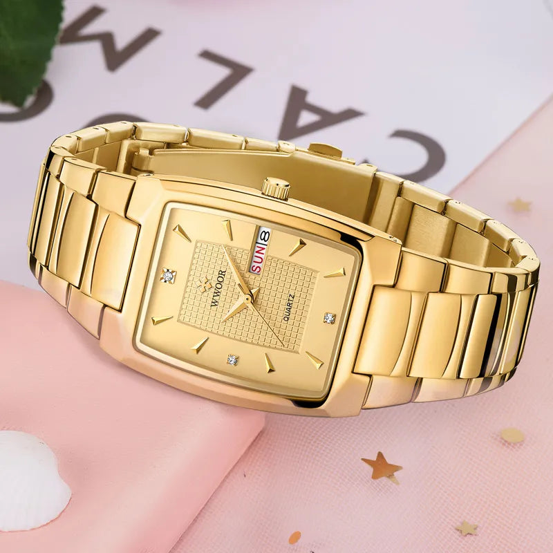 WWOOR Women Watch Rectangle Dial Gold Stainless Steel Wrist Watches Fashion Quartz For Women ladies waterproof Relogio Feminino