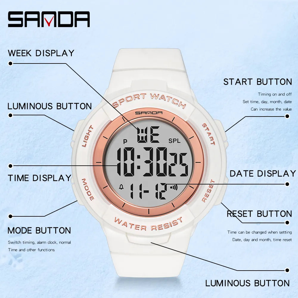 SANDA 2021 Brand Fashion Sports Women's Watch Waterproof LED Electronic Watch Casual Watch Female Clock Relogio Feminino 6006