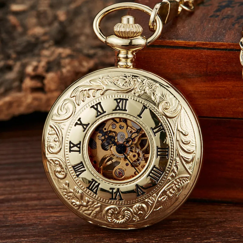 Navidad Christmas Gift Smooth Mechanical Pocket Watch Full Gold Color Men Women Stylish Retro Fob Hand Wind Double Hunter