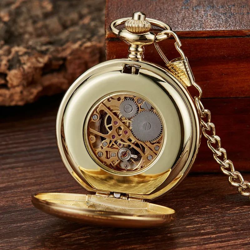 Navidad Christmas Gift Smooth Mechanical Pocket Watch Full Gold Color Men Women Stylish Retro Fob Hand Wind Double Hunter