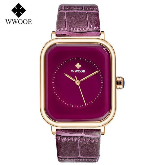 Reloj Mujer WWOOR New Fashion Purple Women Watches Casual Analog Quartz Clock Ladies Luxury Dress Leather Waterproof Wrist Watch