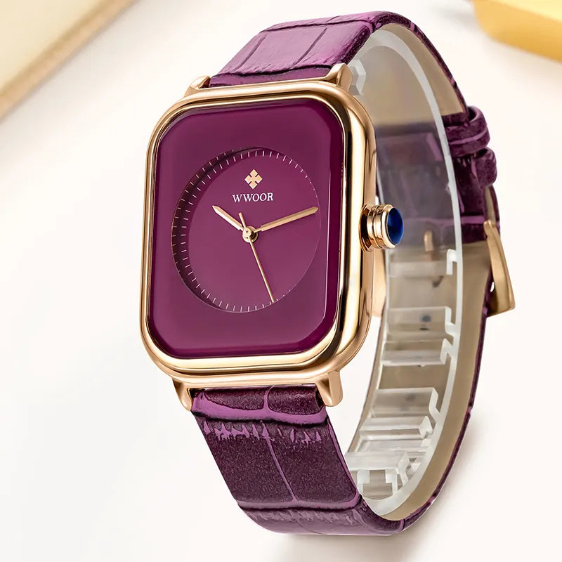 Reloj Mujer WWOOR New Fashion Purple Women Watches Casual Analog Quartz Clock Ladies Luxury Dress Leather Waterproof Wrist Watch