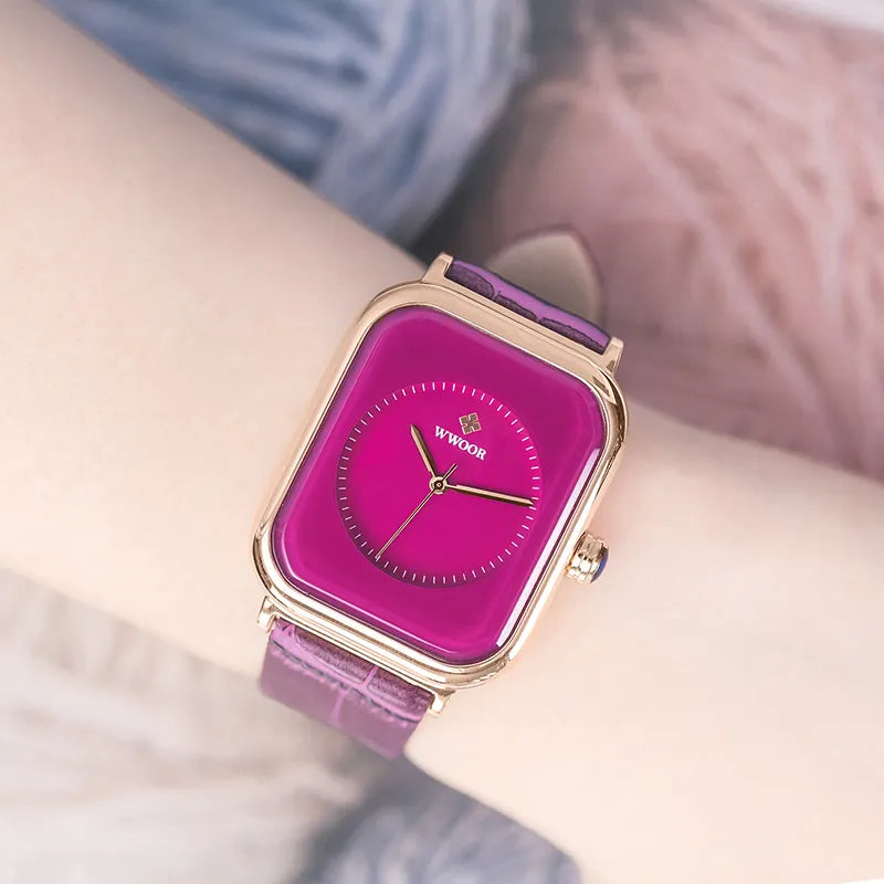 Reloj Mujer WWOOR New Fashion Purple Women Watches Casual Analog Quartz Clock Ladies Luxury Dress Leather Waterproof Wrist Watch